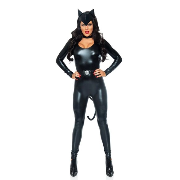 Feline Femme Fatale Costume – 3 Piece Villain-Inspired Set with Keyhole Catsuit - Picture 1 of 2